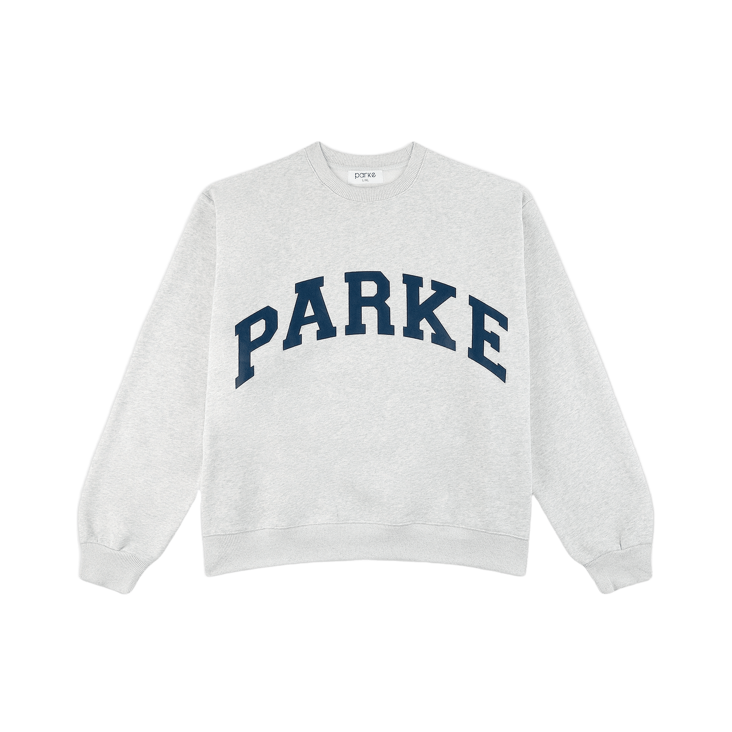 varsity crewneck sweatshirt flat lay -classic grey + navy